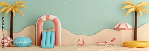 Colorful Beach Scene with Inflatable Toys and Palm Trees