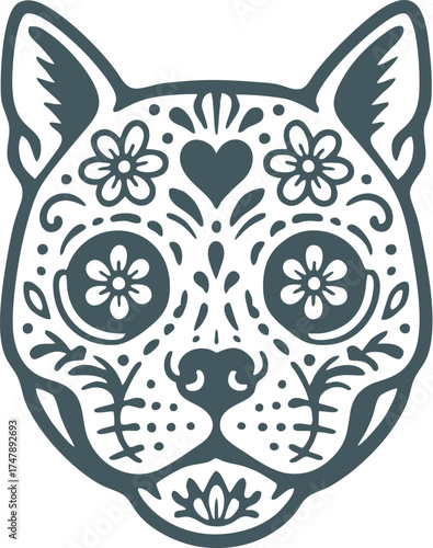 Dia de los Muertos Sugar Skull Dog Vector  Day of the Dead Animal Illustration	