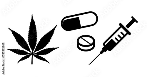 various classic simple recreational, drugs and narcotics icons vector isolated on transparent background