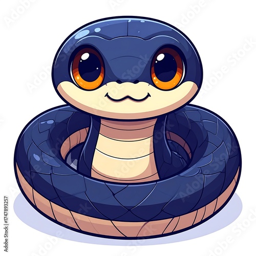 Cute, cartoon snake in a coil.  Large, expressive eyes