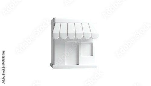 3D render of a white storefront with awning, door, and small window