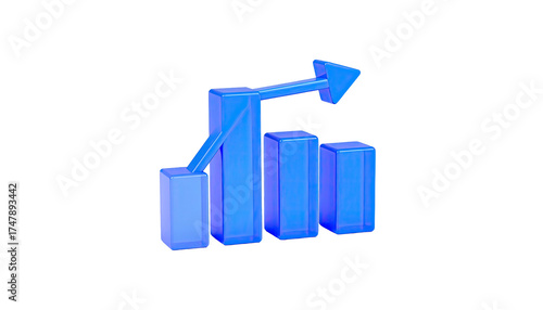 3D render of blue bar graph with arrow ascending, on a black background