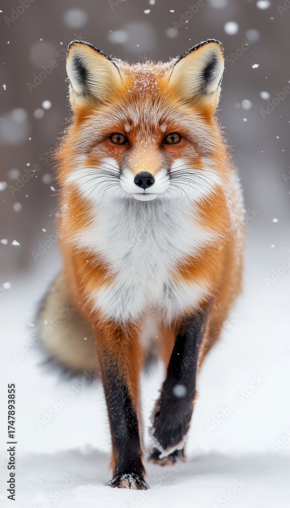 Fototapeta premium Majestic Red Fox Strolling Through a Winter Wonderland of Fresh Snowflakes in Remote Forested Area