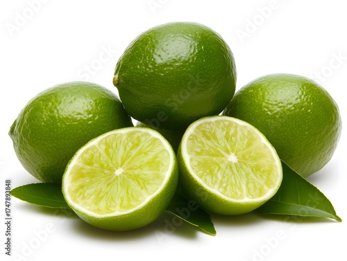 Fresh Green Limes with Leaves, Juicy Citrus Fruit