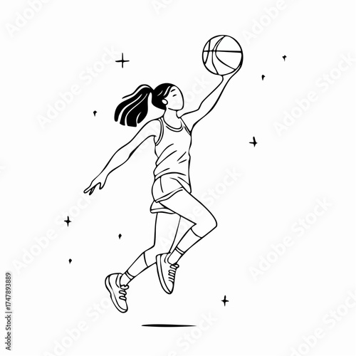 women basketball player silhouette vector illustration during a jump for lay up