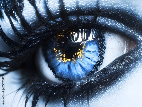 Closeup Blue Eye with Golden Glitter and Black Feathers