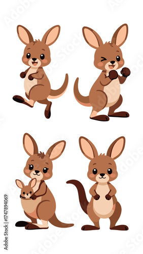 Adorable cartoon set of a brown kangaroo in various poses: hopping, winking, with a baby joey in the pouch, and standing, vector illustration.