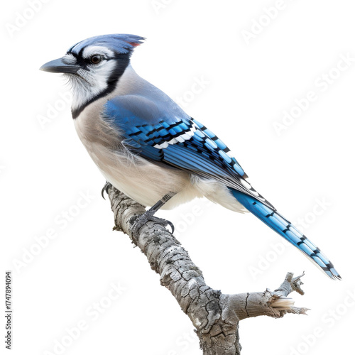 Striking blue jay perched gracefully on a weathered branch in natural light