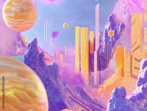 Abstract Surreal Landscape Purple Gold Planets Mountains