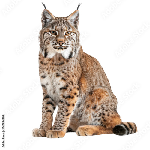 Majestic bobcat sitting alert with striking eyes in a studio shot against