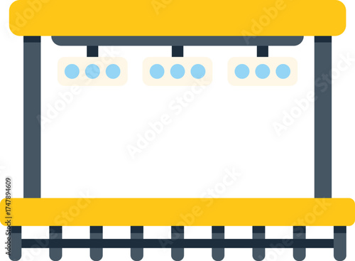 Illustration of a deserted bus stop featuring a yellow roof, seats, and illuminated signage area