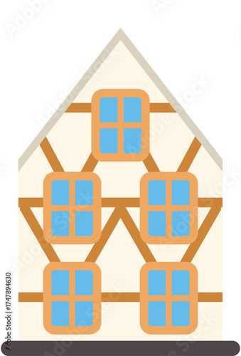 European traditional half timbered house with blue windows and exposed wood framing, representing traditional architecture
