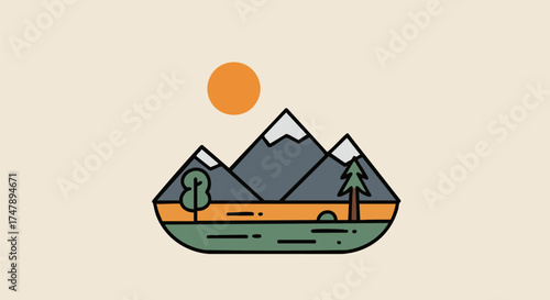 Minimalist mountain landscape illustration with sun and trees in a simple design