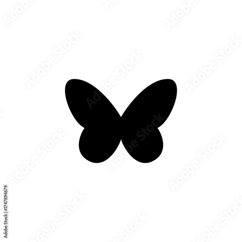 Black butterfly silhouette icon isolated on white background. Simple insect symbol representing beauty, freedom, and nature concept. Flat vector illustration element for design, decoration