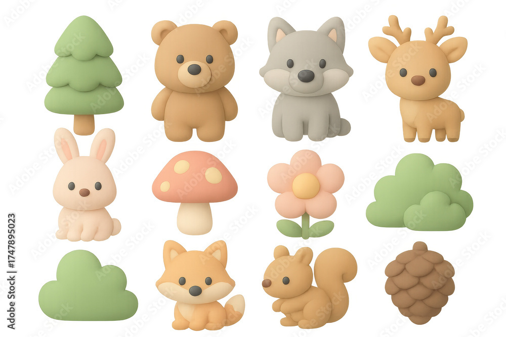Fototapeta premium Cute pastel forest creatures and nature elements in 3d style
