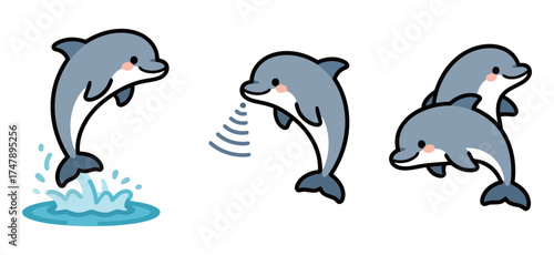 Cute cartoon set of dolphins jumping out of the water, using echolocation (sonar), and swimming in a pair, vector illustration.