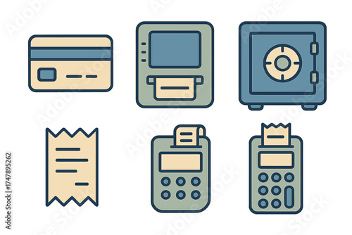Essential banking and payment symbols including credit card, ATM, safe, and receipt