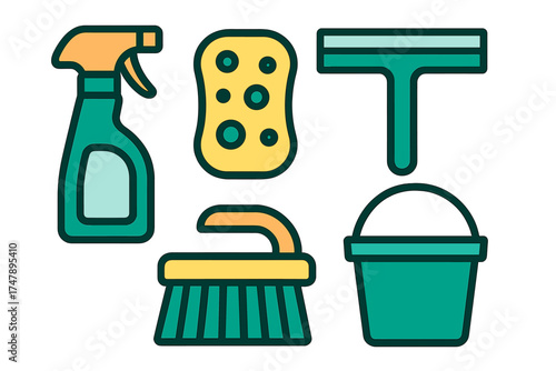 Collection of essential household cleaning tools including spray bottle, sponge, squeegee, scrub brush, and bucket