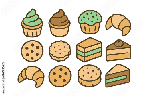 Collection of sweet bakery products and dessert icons featuring various baked goods