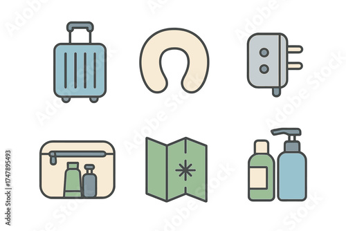 Essential items for travel and vacation planning including suitcase and personal care products