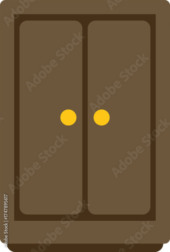 Simple illustration of a brown wooden cabinet with two doors and round yellow handles, ideal for interior design or furniture related projects