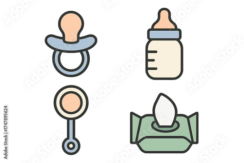 Essential baby care items set including pacifier feeding bottle rattle and wet wipes