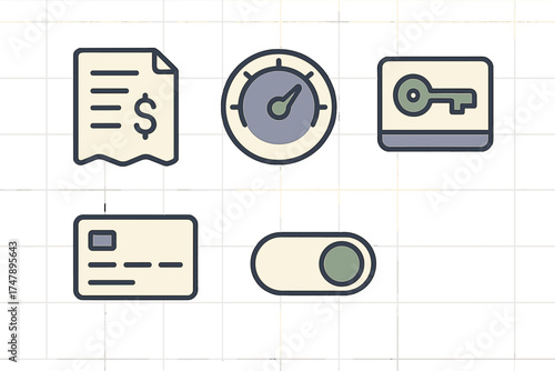 Essential business and financial interface symbols for payment, security, and performance tracking