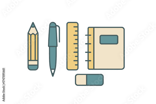 Collection of essential stationery items: pencil, pen, ruler, notebook, and eraser