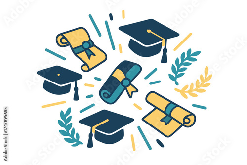 Academic achievement celebration with mortarboards, diplomas, and laurel wreaths