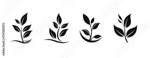 Multiple flat black leaf icons representing various plant designs and styles for digital and print media. A vector illustration of a set of green leaf icons representing nature and ecology, vector ill