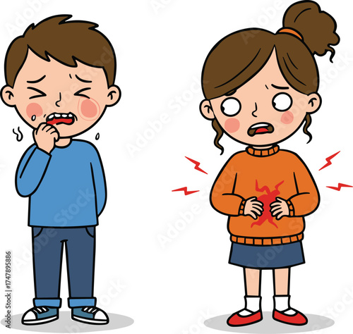 Cartoon children showing toothache and stomach pain expressions with emotional reactions for kids health awareness and educational vector illustration design