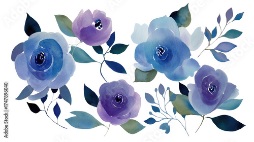 
Watercolor clipart of simple blue and purple roses, leaves, and twigs on a white background.

