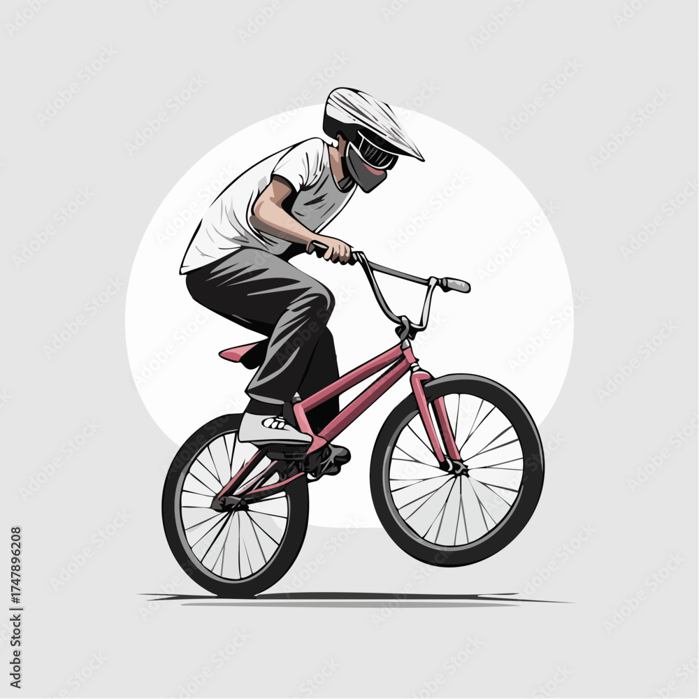 Fototapeta premium The image shows a fun illustration of a man cyclist riding bicycle in silhouette, perhaps a cartoon of a young man having fun cycling