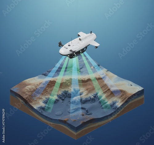 isometric diagram of a futuristic AUV or drone scanning the seabed topography and generating a detailed bathymetric map of the deep-sea floor and subsurface layers.