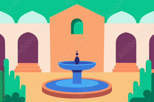 Illustration of a courtyard with a fountain and arches