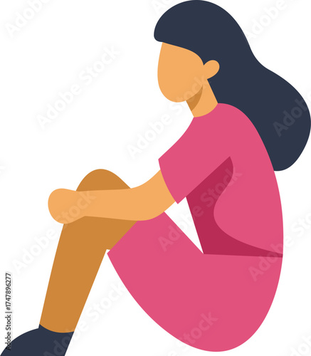 Pensive young woman sitting alone, embracing her knees, lost in thought, side view