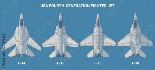Set of fourth generation USA fighter jet in blueprint style from top view. Vector illustrations f14, f16, f15, f18 fighter jet. Landscape design various military 4th-gen combat aircraft from america.