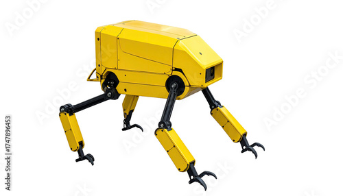 A bright yellow, boxy quadruped robot with articulated legs on a black background