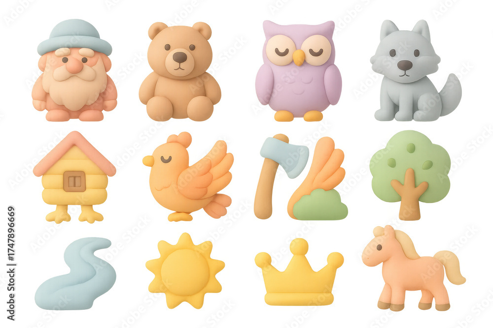 Fototapeta premium Charming pastel forest creatures and objects in soft clay style