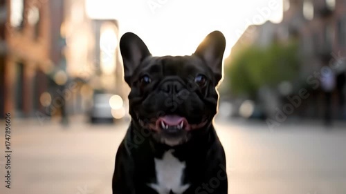 A happy black French Bulldog jumps playfully on a city street. Close-up of a cute puppy bouncing with joy at sunset. Energetic pet concept with golden hour backlight