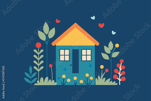 Illustration of a house surrounded by plants and hearts
