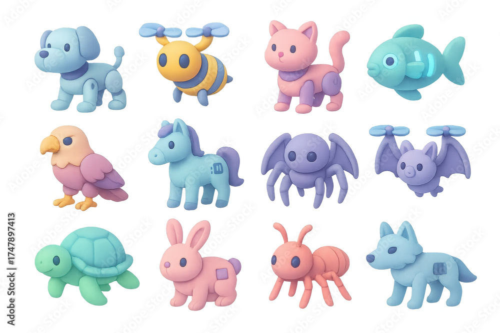 Fototapeta premium Cute pastel 3d animal figures for kids: dog, bee, cat, fish, bird, unicorn, spider, bat, turtle, rabbit, ant, fox