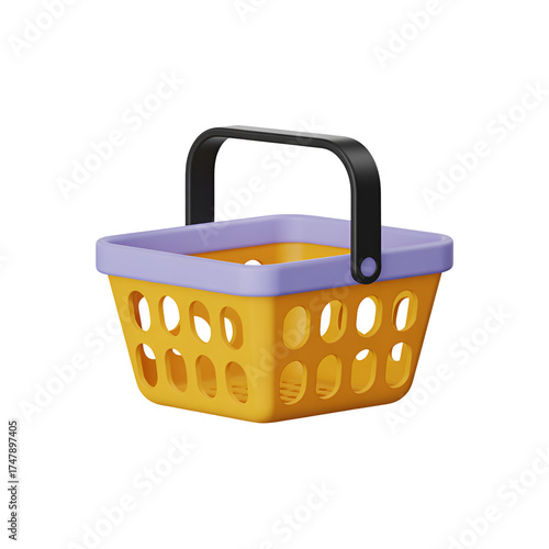A yellow and purple shopping basket with a black handle, isolated on a transparent background