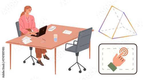 Woman uses a laptop at her desk with papers and a glass while interactive hand touch icon and geometric shape highlight technology, productivity, and innovation. Ideal for education, work, design