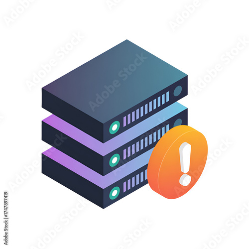 Server error icon with exclamation mark, representing a problem or alert in a network system, isolated on transparent background