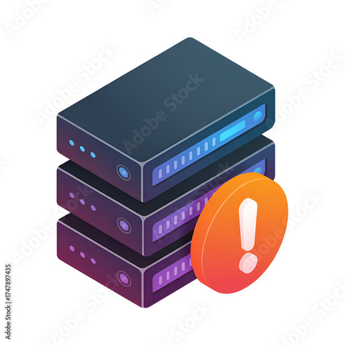 A stack of three servers with an exclamation mark symbol indicating an error, isolated on a transparent background