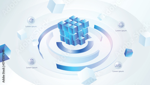 Blockchain Technology Infographic with Core Concepts. Decentralized Network, Data Security, and Smart Contracts Process.