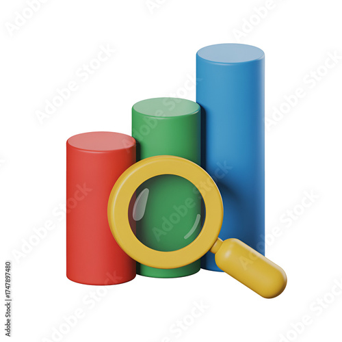 Magnifying glass over a bar chart, symbolizing data analysis, research, and financial growth, isolated on transparent background