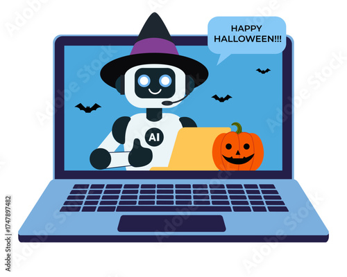AI robot wearing a witch hat smiling and showing thumbs up gesture on laptop screen. Perfect for technology, customer support and seasonal digital content. 