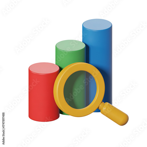 Magnifying glass over a bar chart, symbolizing data analysis, research, and financial growth, isolated on transparent background